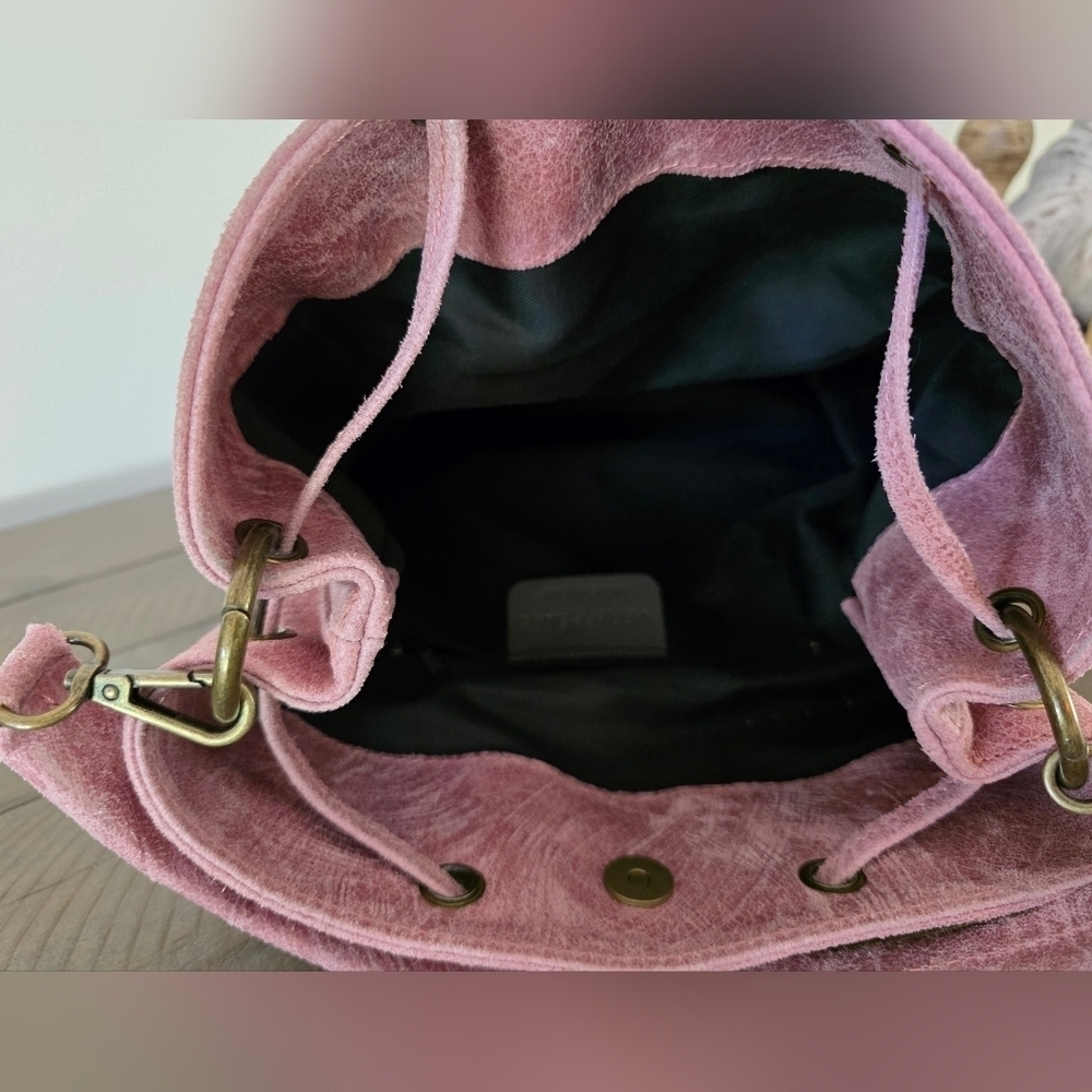Vera Pelle Made In Italy Levi Strauss Jeans Boho Chic Bag With Pink Vegan Trim - Picture 11 of 11